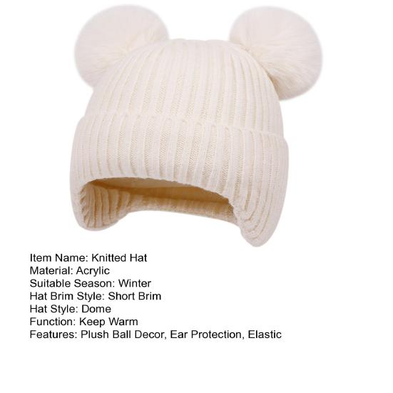 Kids Knitted Hat Dual Fur Ball Decor Ear Protection Warm Hat Solid Color Elastic Warm Windproof Hat Headwear