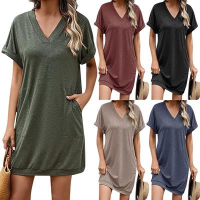 Rochii casual de damă, culoare uni, cu gât în V, buzunar, mânecă scurtă, la modă, largi