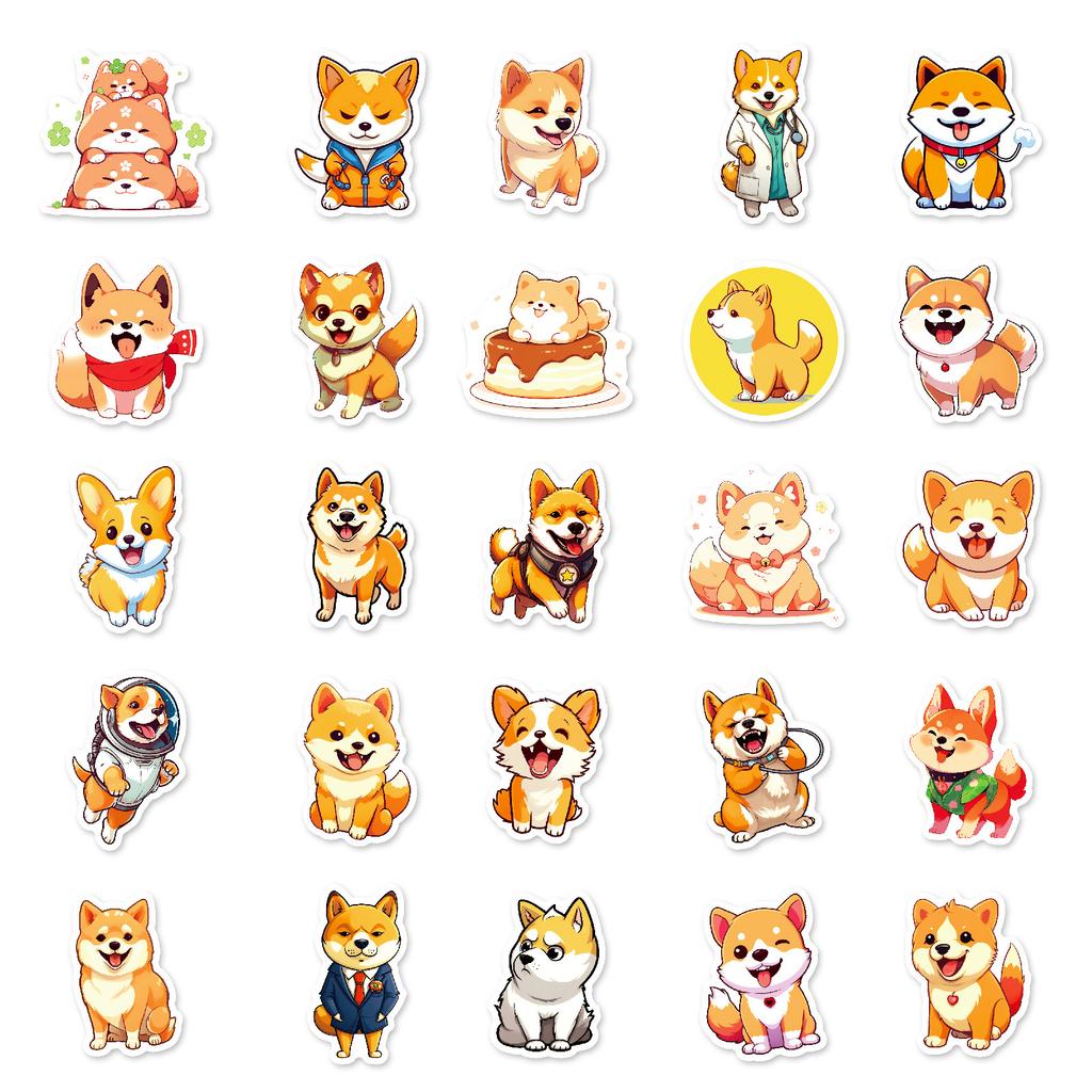 50Pcs Cute Shiba Inu Stickers – Waterproof Reusable Dog Decals for Luggage, Laptop, Phone