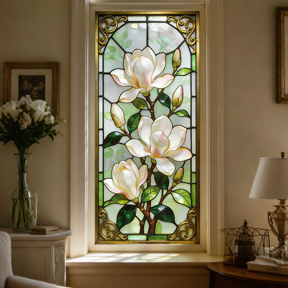 Painted Vintage White Magnolia Flower Outdoor Balcony Glass Display Window Sticker
