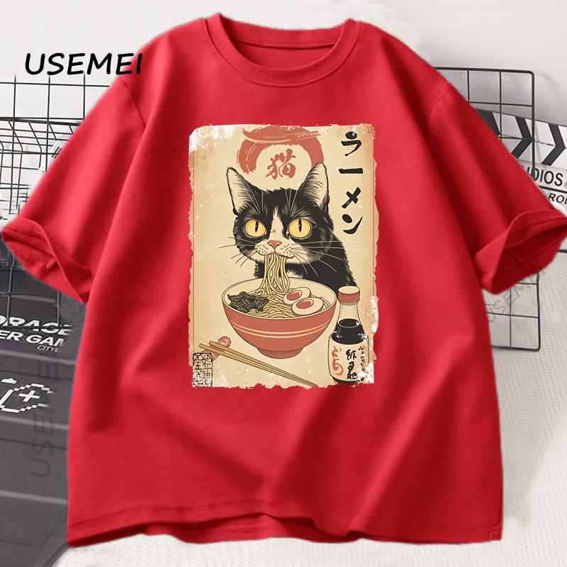 RaUnisex Cat Tshirt Japanese Style Black Cat Eating RaUnisex Grpahic T Shirts Trendy Cotton Soft Short Sleeve Casual Unisexs Clothing S