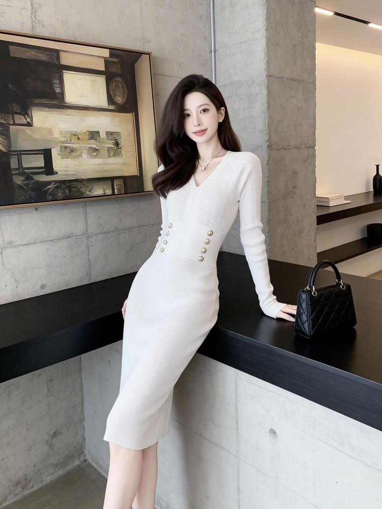 Elegant Slimming V-Neck Wool Knit Dress - French Retro Style