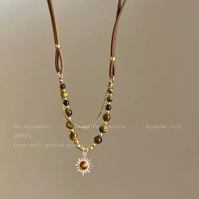 Vintage Light Luxury Maillard Brown Tiger Eye Sunflower Pendant Sweater Necklace For Women
