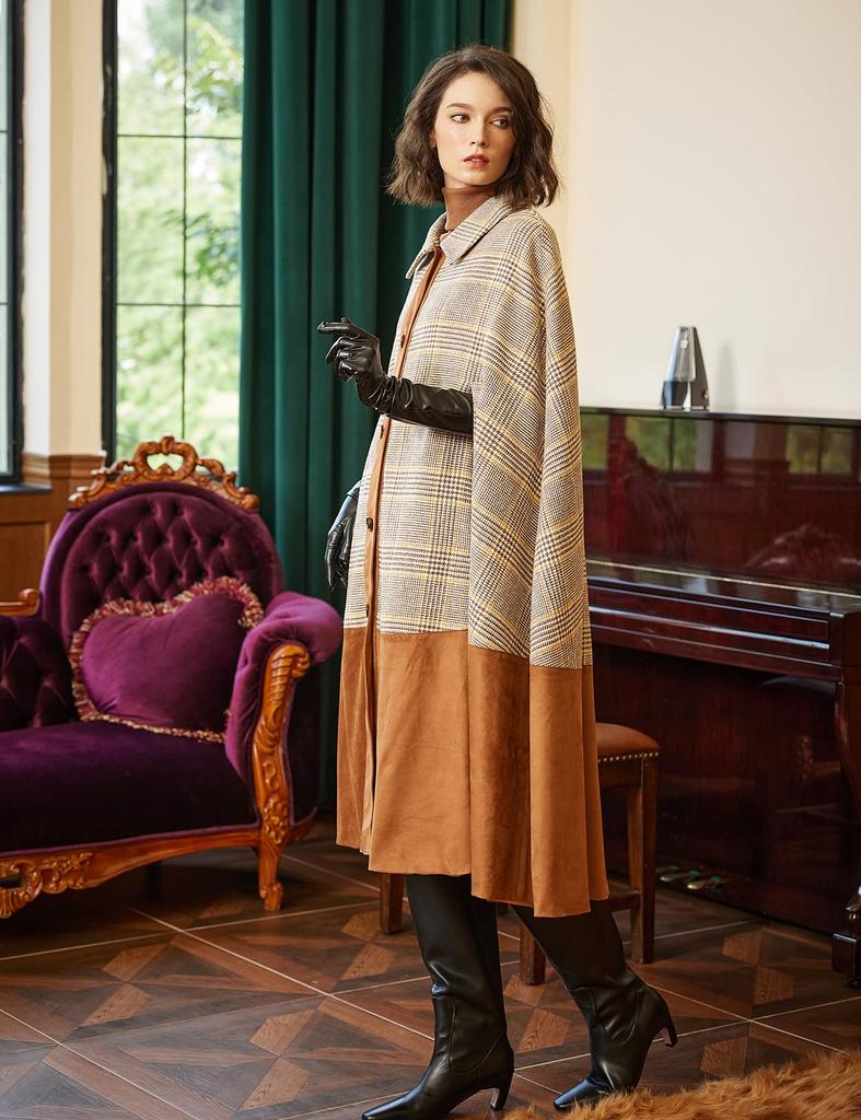 BEAUTELICATE Long Wool Blend Cape Poncho Outerwear for Check Size M Women's Coat, Cape, Cloak, Warmth, Elegant, Pocketless, Pattern, Autumn/Winter,