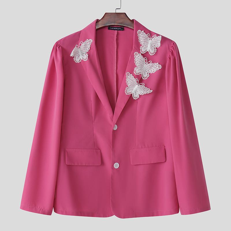 

INCERUN Мужской лацкан с длинным рукавом, кружевной вязаный крючком блейзер для вечеринки, тонкие пальто в стиле пэчворк L темно-розовый