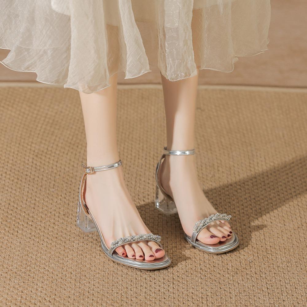 High Heeled Sandals for Women 2025 Summer New French Style Mid Heel Rhinestone Women's Shoes Silver Flat Strap Sandals Women