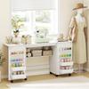 Foldable Sewing Table with 2 Magnetic Doors, Rolling Craft Table with 4 Boxes, 20 Holding Pins, Storage Compartment, White