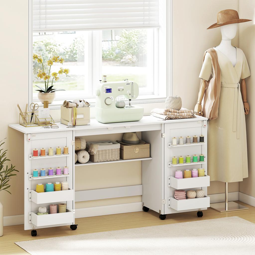 Foldable Sewing Table with 2 Magnetic Doors, Rolling Craft Table with 4 Boxes, 20 Holding Pins, Storage Compartment, White