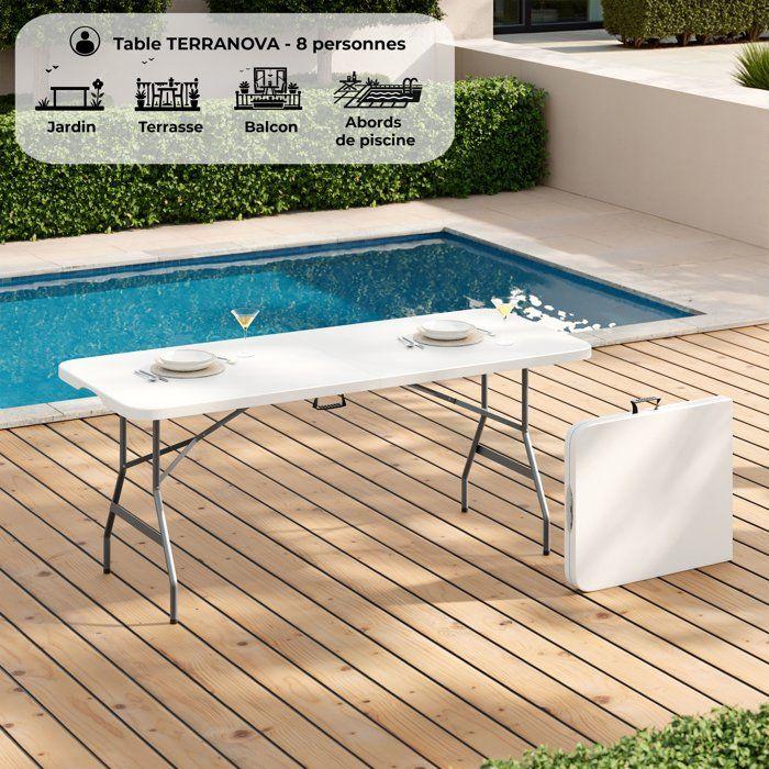 Folding Reception Table - TERRANOVA - White - Steel Structure and HDPE Polyethylene Top - 8 People - 180x74xH73.5 Cm