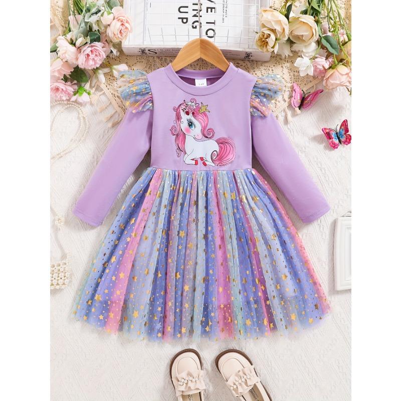 

Girls Spring and Autumn Lotus Leaf Shoulder Long Sleeve Unicorn Print Dress Hem Symphony Mesh Skirt 2-3Y