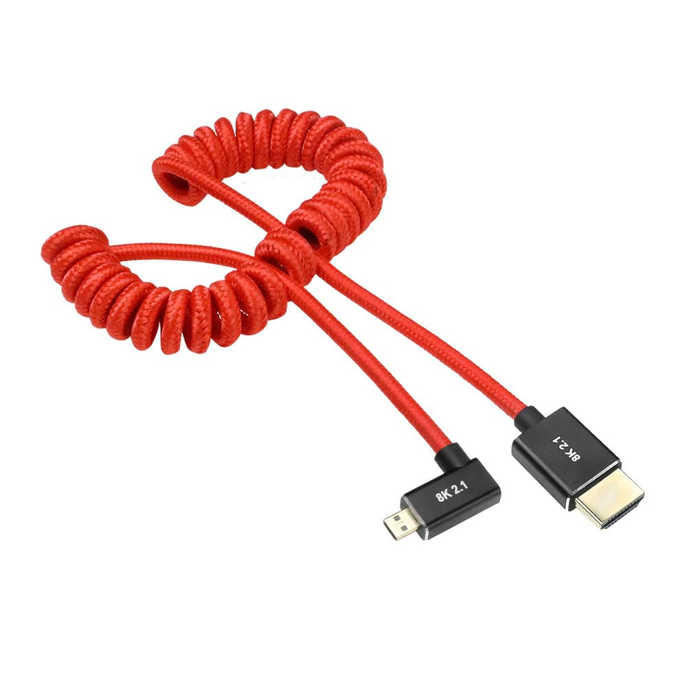 Alvin's Cables 8K 2.1 Micro-HDMI to Full HDMI Braided Coil Cable 48Gbps 8K@60Hz 4K@120Hz 240Hz for Canon R5C/R5/R6, Atomos Ninja-V, Red, Left L