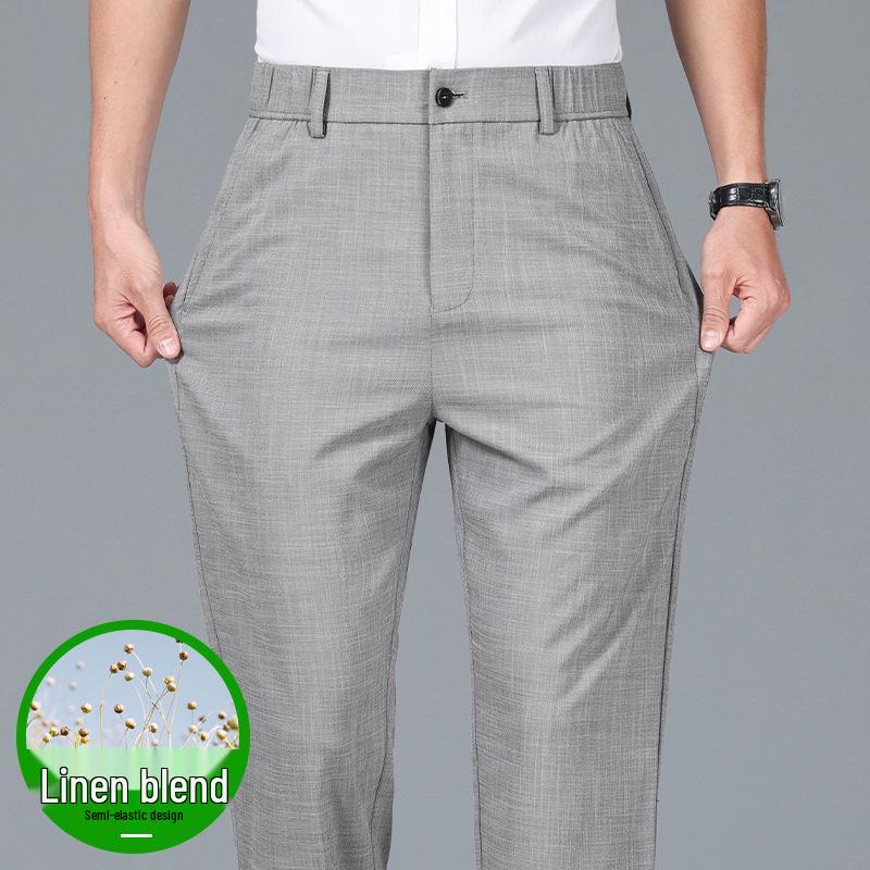 Pánské vysoce kvalitní business casual kalhoty z ledového hedvábí s elastickým pasem a rovnými nohavicemi - s krátkým rukávem, pohodlné na léto
