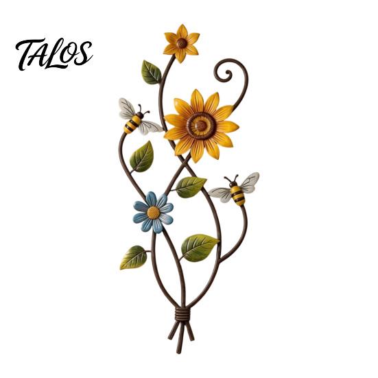 Bee And Flower Decoration Sunflower Wall Art Decor, 2D Flat Floral Hanging, Country Garden Rustic Farmhouse Decor Ornament for Fence Porch Entryway