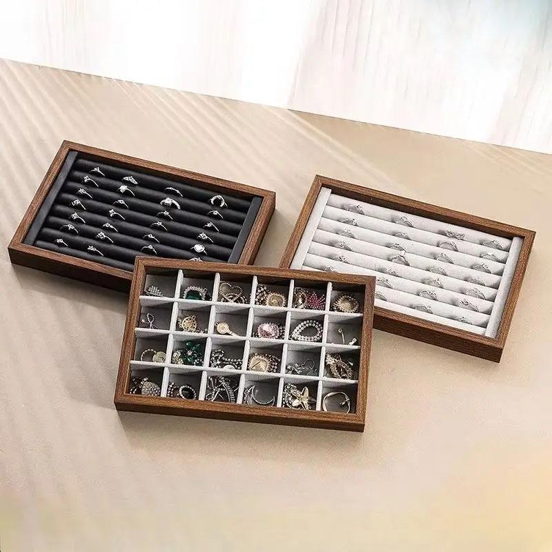 Shopping Mall Counter Jewelry Tray Display Walnut Box Flannel Jewelry Storage Large Capacity Ring Necklace Display Tray