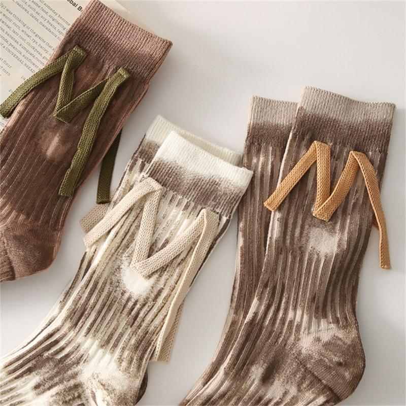 Japanese Women Y2K Graffiti Tie Dye Cotton Crew Socks Harajuku M Letter Ribbed Knit Skateboard Middle Tube Calf Socks