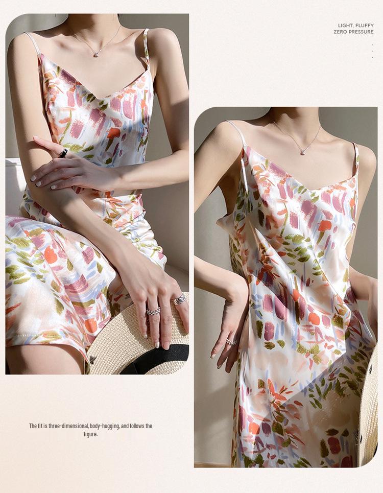 New Women's French Floral Mulberry Silk Satin V-Neck A-Line Camisole Dress - Slimming Summer Style