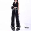 Women's Summer 2024 Black & Gray Gradient Wide-Leg Denim Pants: Slimming, Draping, Floor-Length, Straight-Leg