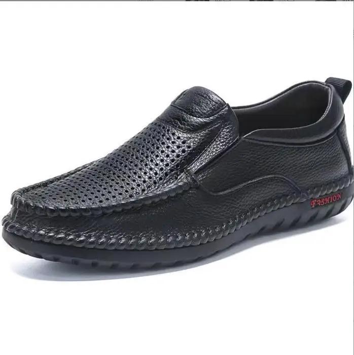 Men's Breathable Genuine Leather Summer Slip-On Loafers, Casual Blue Flats Driving Moccasins Shoes