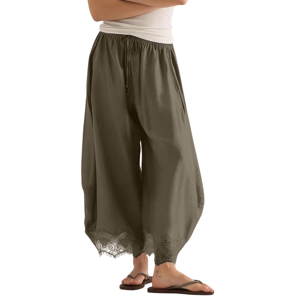 Women's Casual Wide Leg Pants Elastic Waistband Drawstring Bottom Hem Lace Trim Palazzo Trousers for Everyday Wear