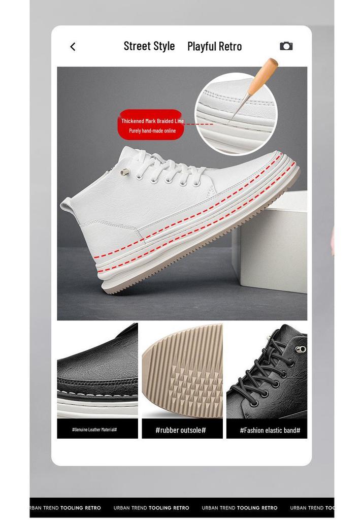 Men's Mid-Top Round Toe Lace-Up Leather Casual Shoes with Height Boost