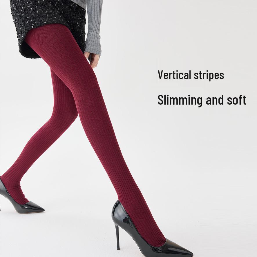 Women's Burgundy Retro Cable Knit Fleece-Lined Tights - Warm, Slimming Blend for Autumn/Winter