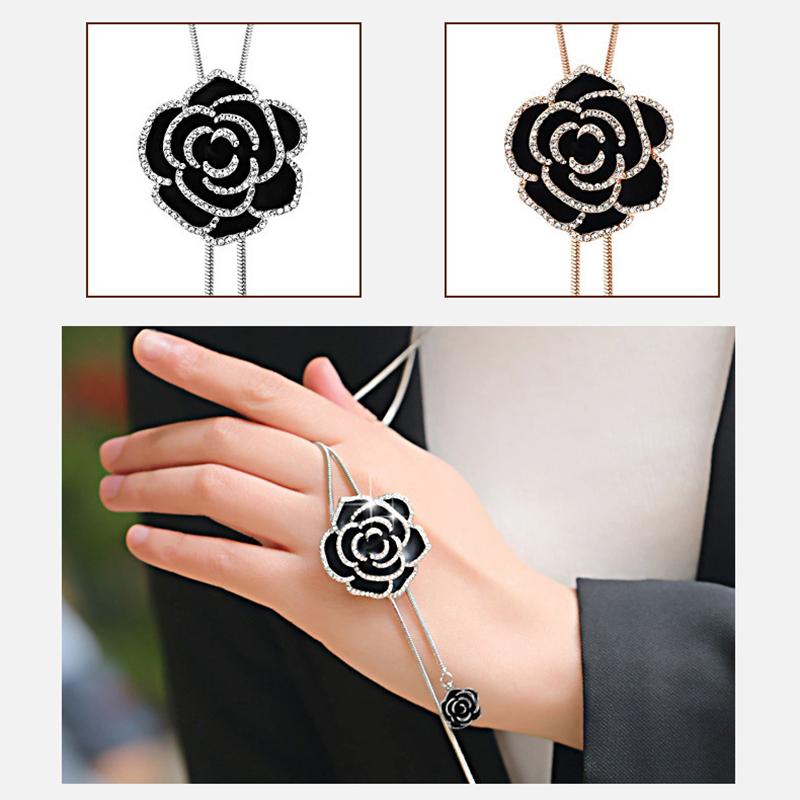 Black Rose Flower Long Necklace Sweater Chain Metal  Pendant Necklaces Adjusted