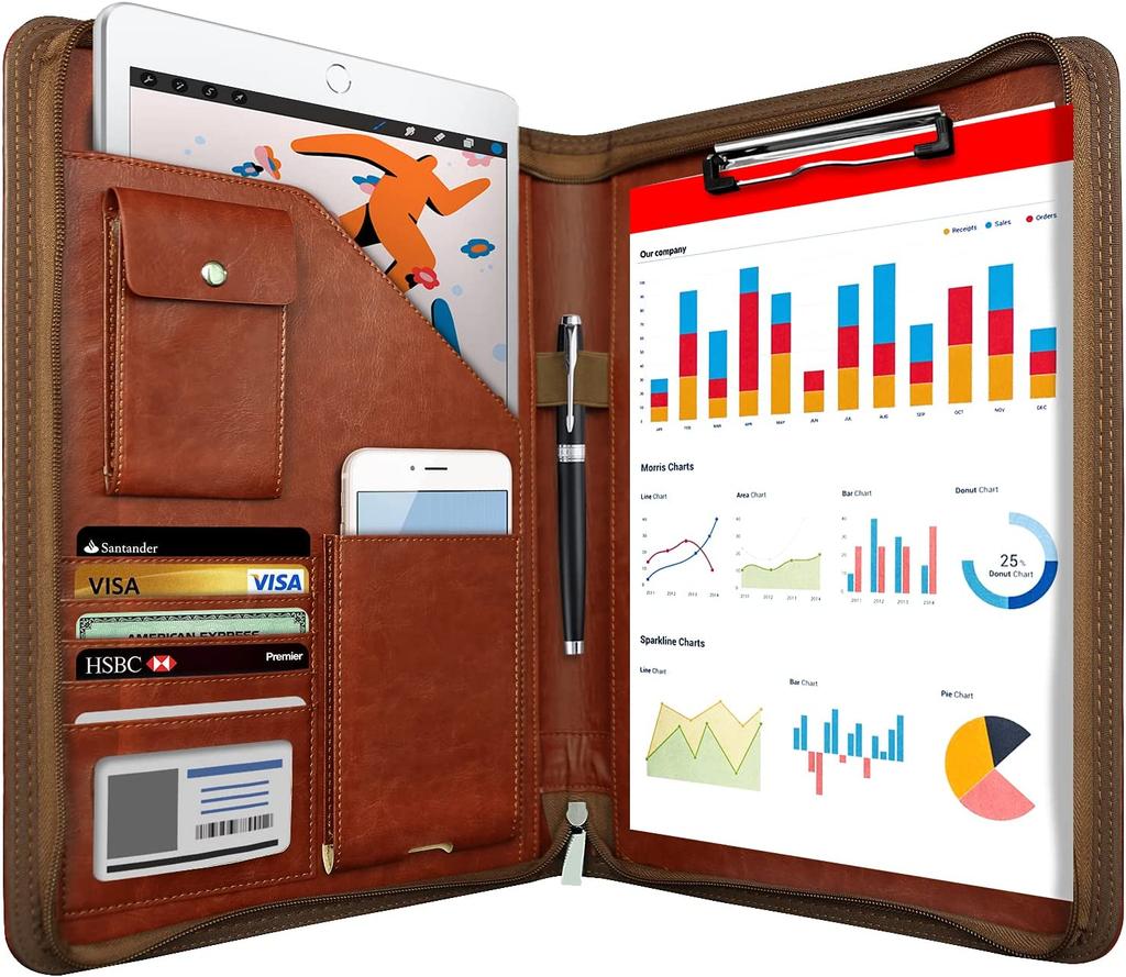 Zippered Padfolio Organizer Leather Planner Binder 10.2 Inch Portfolio Folder for Documents Letter Size Business Card Holder