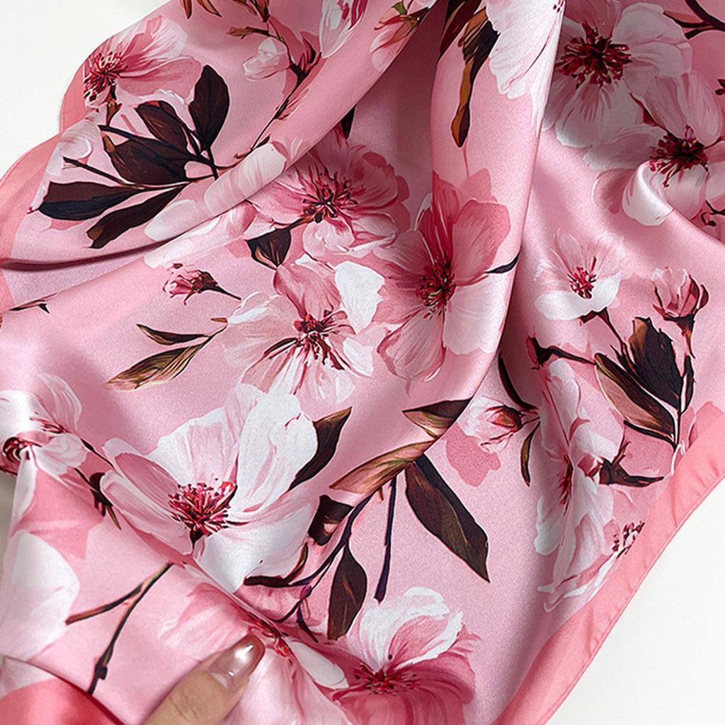 Summer Satin Magnolia Silk Scarf Printed Large Square Scarf Women's Fashion Versatile Decorative Neck Protection Scarf Shawl