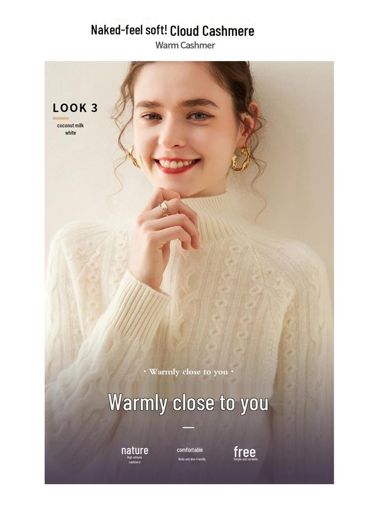 Damski sweter kaszmirowy z warkoczowym splotem - Półwysoki dekolt, Luźny krój, Obniżone ramię, Długi rękaw, Pogrubiony pulower
