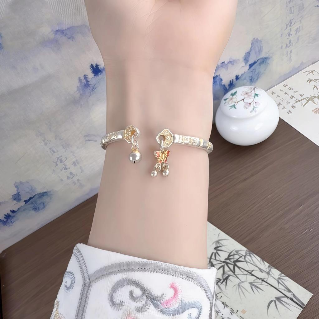 New Chinese-style Butterfly Bamboo Bracelet for Women, Solid Enamel Butterfly Silver Bracelet, New Chinese-style Gift for Mother