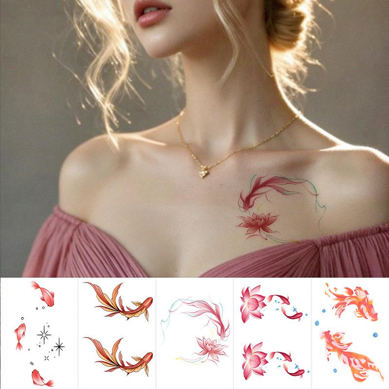 Colorful Sweet And Cool Babes Wrist Collarbone Koi, Goldfish Disposable Temporary Tattoo Stickers