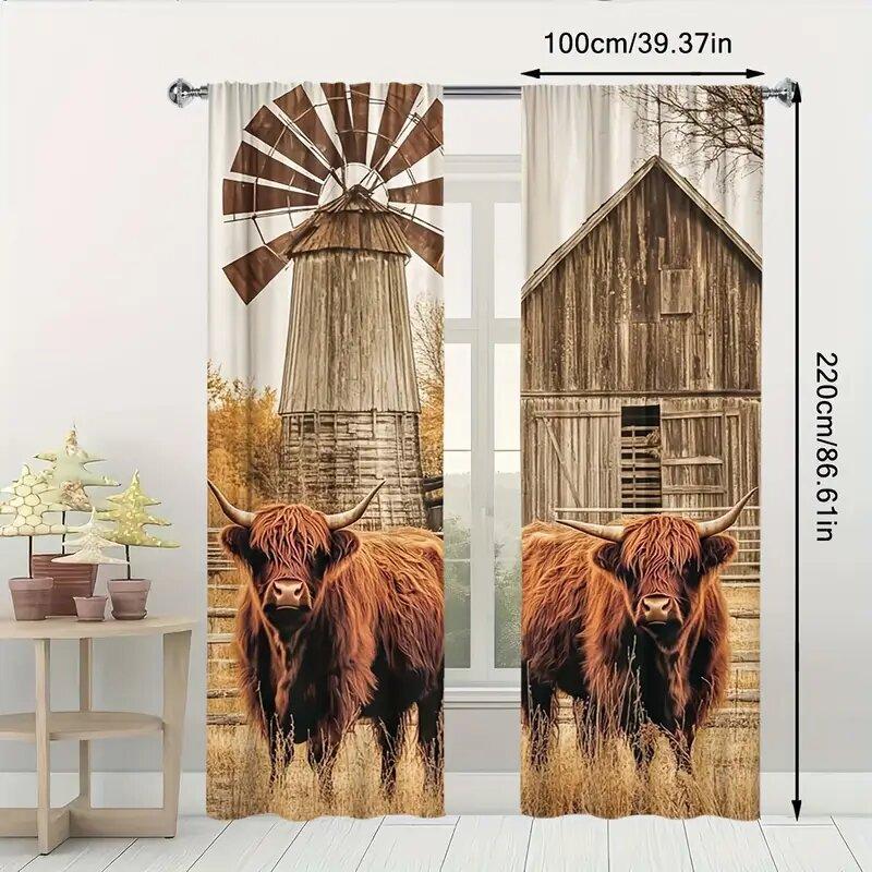 Set Of 2 Farmhouse Style Ox Pattern Printed Curtains Window Decoration Home Room Curtain Polyester