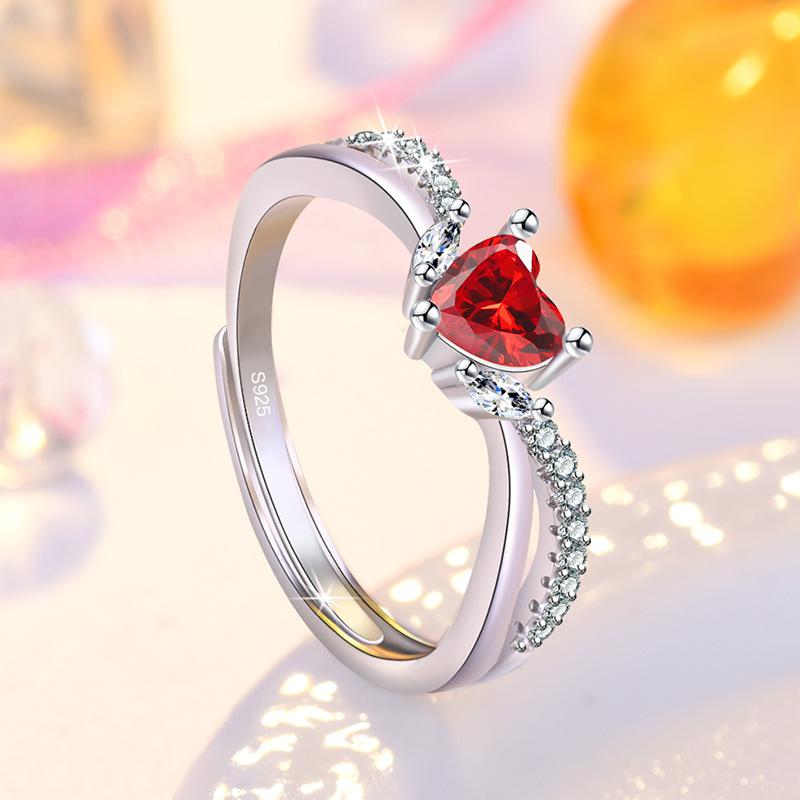 Fashion Ladies Crystal Red Love Heart Open Adjustable Rings Jewelry