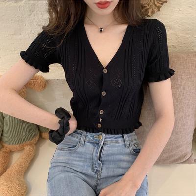 Summer New Style Korean Style Versatile Slim Short Top V-neck Slimming Hollow Short-sleeved Sweater for Women