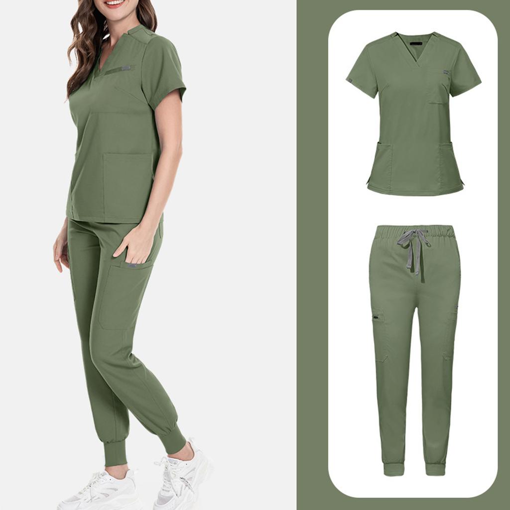Ladies' Loose And Comfortable V-neck Long Sleeved Stand Up Collar Workwear With Multiple Pockets Suit Set