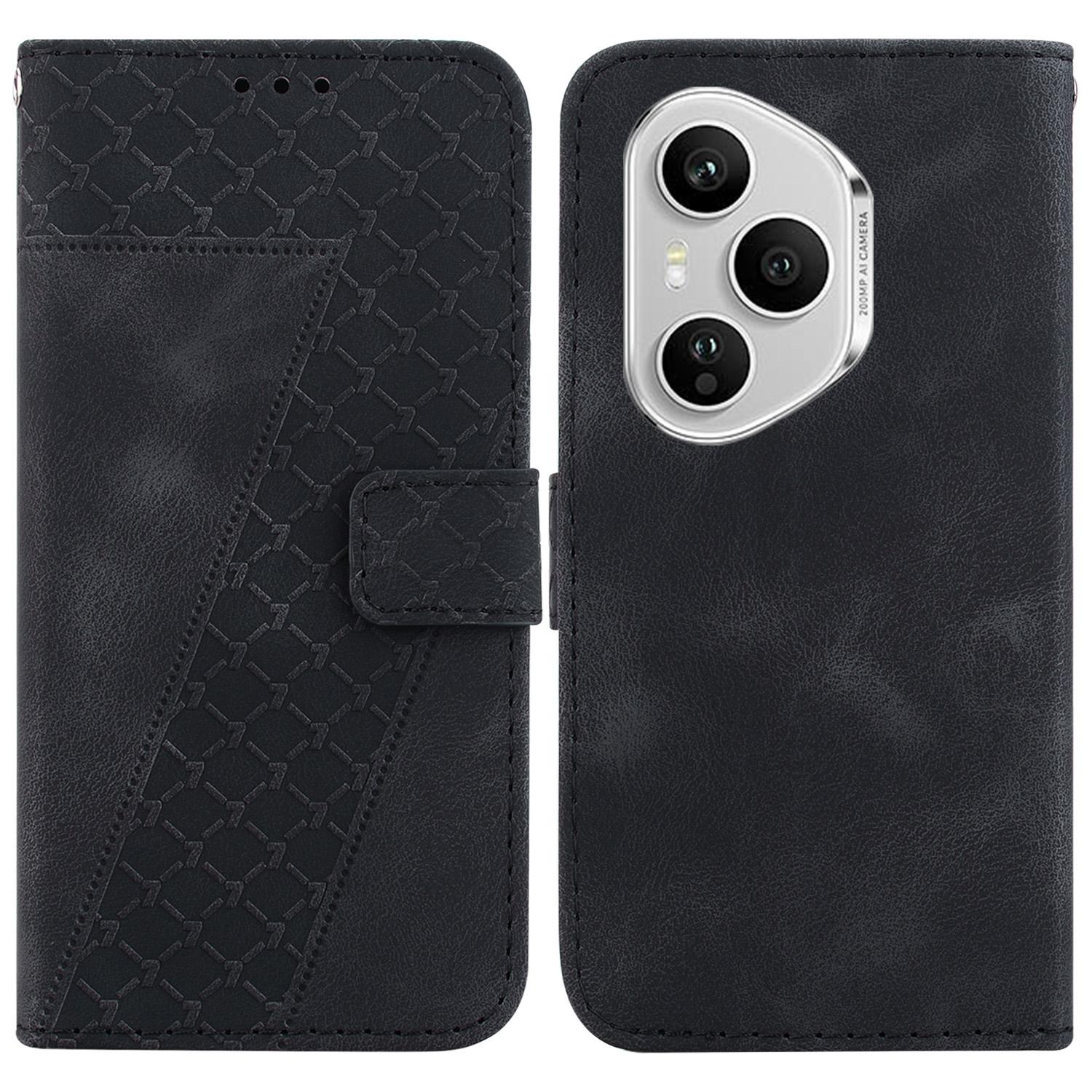 

Для Honor 400 Pro 5G (Глобальный) Чехол-подставка с тиснением в виде 7-образного узора, кожаный чехол для телефона с ремешком Black