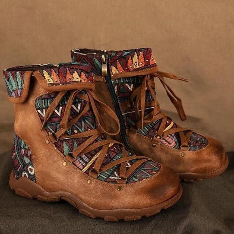 Outdoor casual jacquard women's shoes splicing short Martin boots ankle super comfortable flat women's boots