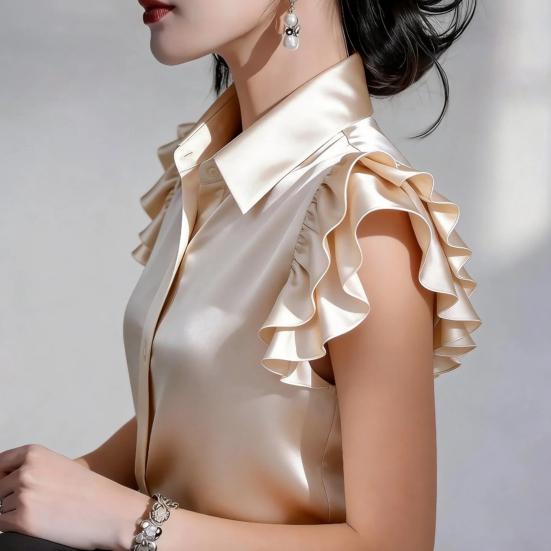 Women Shirt Lapel Ruffle Short Sleeve Single Breasted Shirt Tops Pure Color Smooth Satin