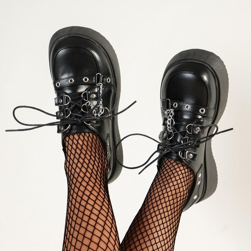 Fashion Metal Chain Wedge Single Fall New Round Toe Deep Mouth Front Lace-Up Platform Non-Slip Low-Top Shoes