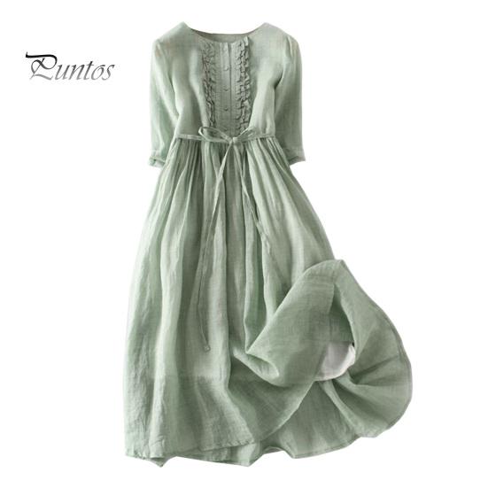 Vestido de verano para mujer, estampado de flores de dibujos animados, cuello vuelto, cinturón con cordones plisados, mangas medias, estilo bohemio, medio pecho, línea A, dobladillo suelto