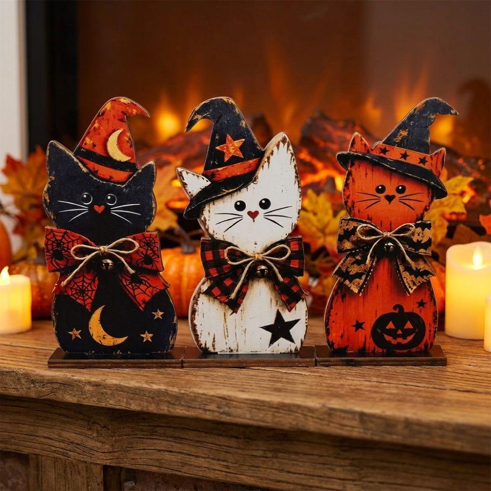 3Pcs Autumn Vintage Black Cat Tabletop Sign Retro Witch Hat Cat Table Ornament Halloween Atmosphere