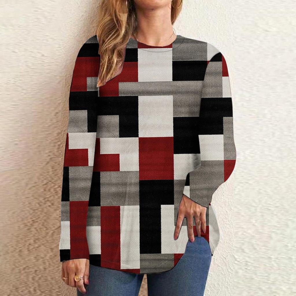 Casual Color Block Long Sleeve Tops For Women Fall Geometric Graphic Crewneck Loose T Shirts Slouchy Tunic Blouses