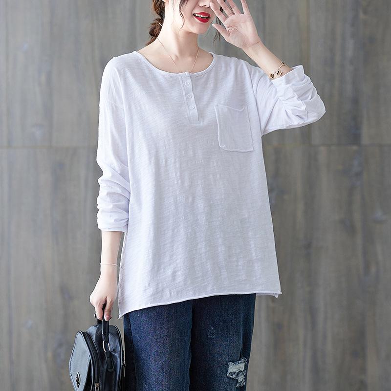 

Весна 2024 года. Пуловер из хлопка и льна на пуговицах больших размеров — свободная, удобная, утягивающая футболка с круглым вырезом для женщин L белый