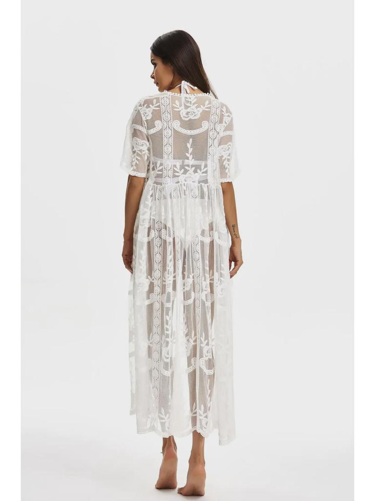 European & American Lace Mesh Embroidery Beach Cover-up Bikini Sunscreen Cardigan for Women.