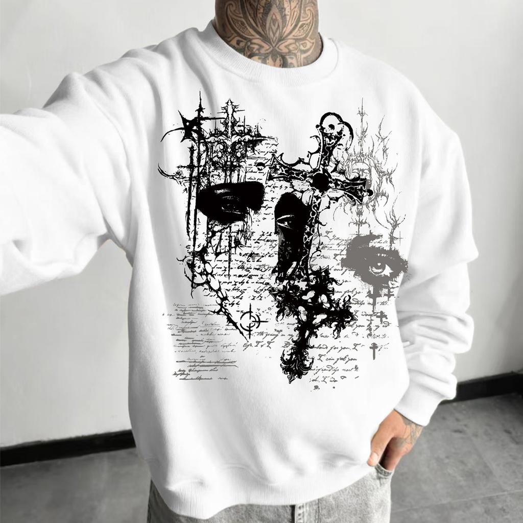 Thorn Cross Dark Fashion Style Men's Oversized Round-Neck Long-Sleeve Sweatshirt, Trendy Fashion Pullover