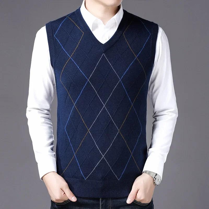 Men's Knitted Sweater Vests V-neck Middle-aged Men Sweaters Vest for Male Tops Man Knitted Vest Sweater