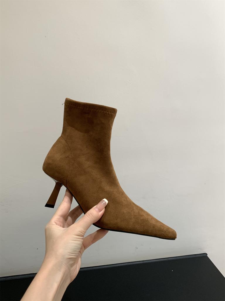 Khaki Suede High-heeled Thin Boots Women's Shoes 2025 Spring and Autumn Single Boots with Skirt Pointed French Short Boots