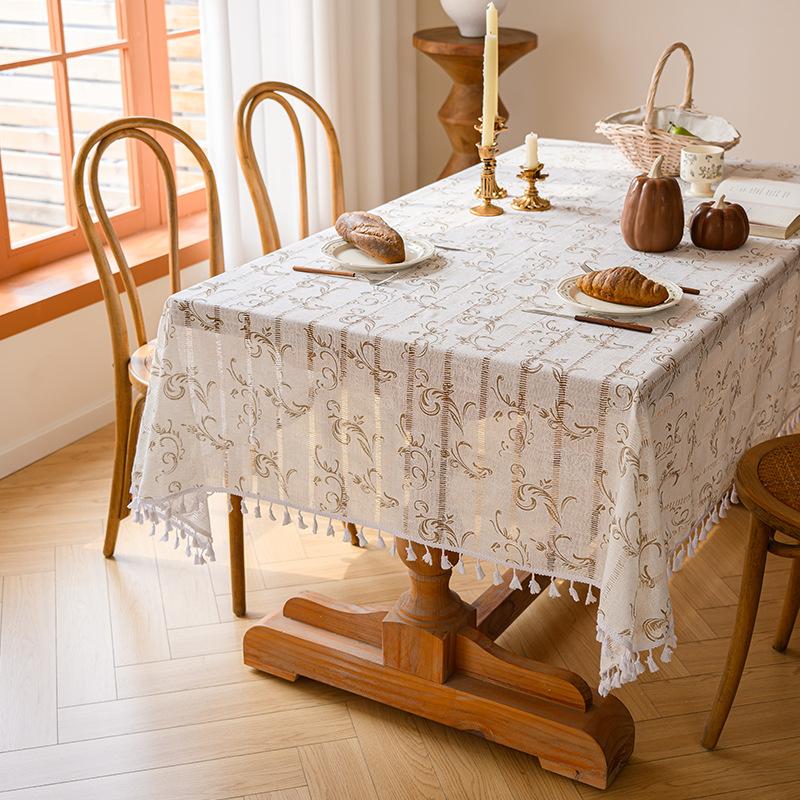 Embroidered Floral Lace Fringe Linen Tablecloth Rectangular Rustic Table Cover 90*90cm