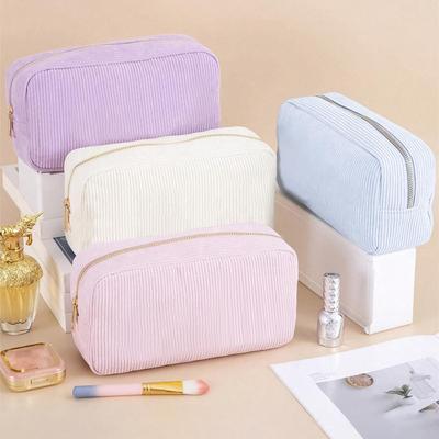 Large Capacity Corduroy Striped Travel Makeup Bag - Portable and Stylish
