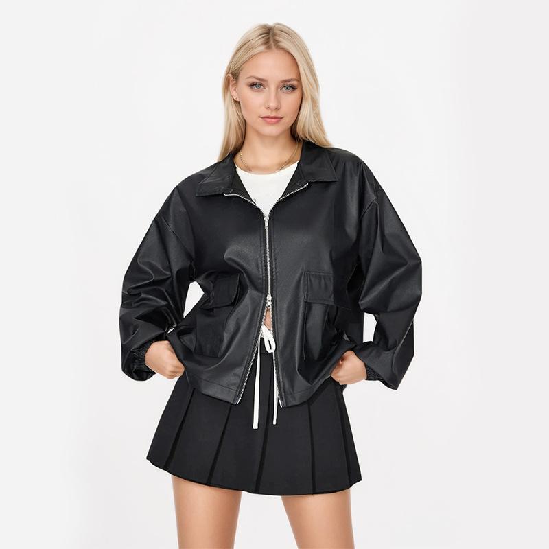 

Осенняя куртка из искусственной кожи в стиле ретро с лацканами, повседневная черная куртка с длинным рукавом One Size чёрный